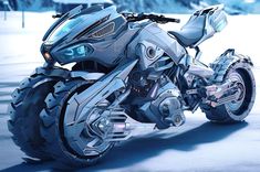 a futuristic motorcycle is parked in the snow