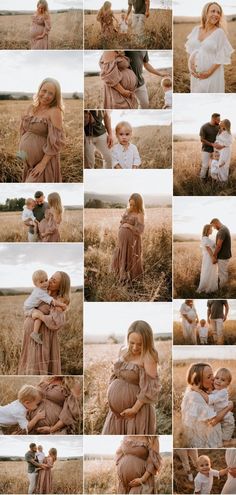 a collage of photos with people and babys in the middle of a field