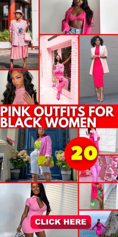 Celebrate the beauty of pink with these stylish outfit ideas for black women. From soft pastels to vibrant shades, pink can add a touch of femininity to your wardrobe. Choose a cute pink summer dress paired with sandals for a casual and breezy look. Or opt for a pink streetwear ensemble with trendy joggers and a graphic tee for a cool and urban vibe. Don't be afraid to mix and match pink with other colors like green, white, or grey to create unique and eye-catching outfits. Pink And White Casual Outfit, Fuschia Blouse Outfit, Shades Of Pink Outfits For Women, Different Shades Of Pink Outfits, Pink Combo Outfits, Pink Skirt Outfit Black Women, Cute Pink Outfits Black Women, Pastel Outfits Black Women, All Pink Outfit Black Women