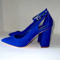 Beautiful Royal Blue Suede Platform Heels With Ankle Tie Strap New With Box Chic Blue Ankle Strap Heels, Chic Blue Heels With Heel Strap, Elegant Blue Block Heel Shoes, Elegant Blue Block Heels, Blue Closed Toe Heels For Evening, Chic Blue Evening Heels, Formal Blue Block Heel Shoes, Blue Closed Toe Heels With Wrapped Heel, Chic Blue Pointed Toe Heels