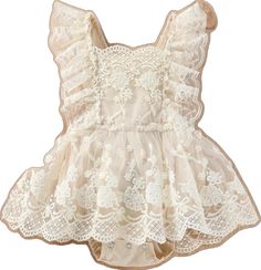 Sweet Sleeveless Lace Trim Dress, Sweet Sleeveless Dresses With Lace Trim, Sweet Sleeveless Dress With Lace Trim, Cream Sleeveless Cotton Bubble Romper, Cream Sleeveless Bubble Romper With Ruffles, Cute Sleeveless Dresses With Lace Patchwork, Cute Sleeveless Baptism Dress, Cute Sleeveless Dress For Baptism, Sleeveless Beige Bubble Romper For Spring