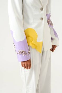 Ivory Lilac Suit Set | NOT JUST A LABEL Open Back Suit, Deconstructed Suit, Ivory Trousers, Fashion Details Unique, Unique Embroidery Designs, Lilac And Yellow, Blazer Details, Design For Clothing, Lilac Blazer