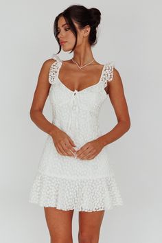 Shop the Shenay Ruffle Strap Embroidered Mini Dress White | Selfie Leslie Mini Dress Floral, Embroidered Mini Dress, Yellow Bridesmaids, Mini Dress White, Veil Hairstyles, Graduation Dresses, Ballet Dress, Grad Dresses, Blue Bridesmaids