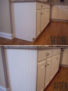 before and after pictures of a kitchen countertop with white cabinets, granite counter tops and wood flooring