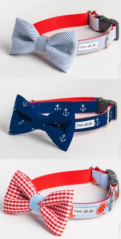 three different types of dog collars and bow ties with anchors on them, one red white and blue