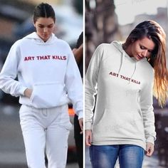 Kendall Jenner Art That Kills Graphic Hoodie |KhanTDesigns. #kendalljenner #artthatkills #whitehoodie #model Outfits Hoodie, Outfit Hoodie, Kendall Jenner Outfits, Jenner Outfits, Print Ideas, Tattoos Ideas, Instagram Story Ideas, White Hoodie, Edgy Fashion