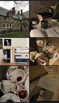 there are many different pictures with coffee and books