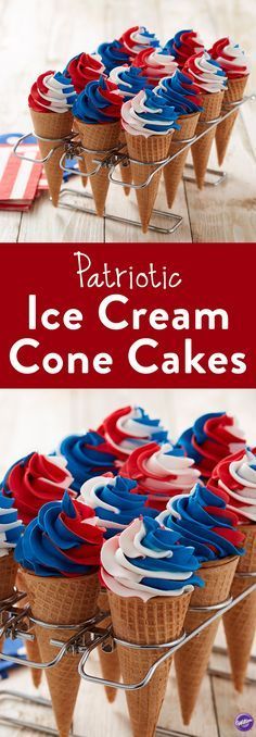 patriotic ice cream cone cakes with red, white and blue icing on top are ready to be eaten