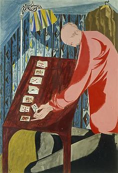 a painting of a man sitting at a table with cards in front of his face