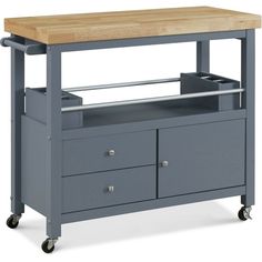 a kitchen island with two drawers and a butcher block top on casteors to it