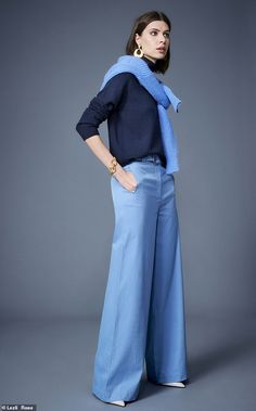 Light Blue Pant Outfits For Women, Light Blue And Gray Outfit, Trouser Looks For Women, Navy Blue Color Block Outfit, Blue Tonal Outfit, Light Blue And Navy Blue Outfit, Styling Blue Pants, Light Blue And Dark Blue Outfit, Cornflower Blue Pants Outfit