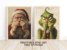 two paintings of santa claus and the grinen are featured in this image with text that reads printable fine art yago art design