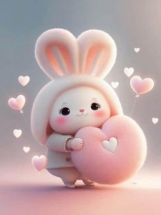 an adorable bunny holding a heart shaped pillow in its paws, with hearts floating around