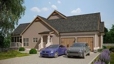 two cars are parked in front of a house with a garage on the other side