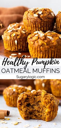 healthy pumpkin oatmeal muffins stacked on top of each other with cinnamon in the background