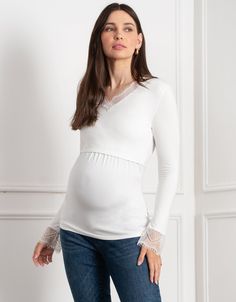 Layering, under knitwear, knitwear, long, length, coverage, long sleeve, jersey bodice, nursing top, nursing, maternity, maternity top, v neck, lace trim, jersey, ecru, dottie Postpartum Dresses, Tailored Wedding Dress, White Nursing-friendly Long Sleeve Sleepwear, Nursing-friendly Long Sleeve Cotton Sleepwear, Nursing Maternity, Nursing Top, Maternity Top, Nursing Tops, Baby Shower Dresses