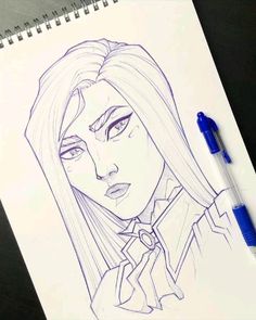 a drawing of a woman with long hair and blue eyes is shown on a notepad