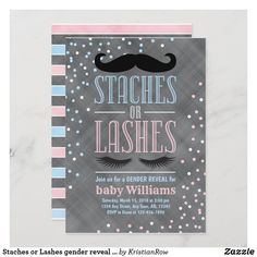 a baby shower party with mustaches and lashes on the front, in pink and blue