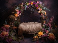 an image of a floral arrangement with flowers and a fur cushion in the middle on a dark background