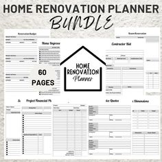 the home renovation planner with text overlay that reads, home renovation planner bundle 60 pages