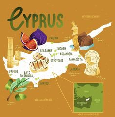 an illustrated map of cyprus with all the major tourist attractions and their names on it