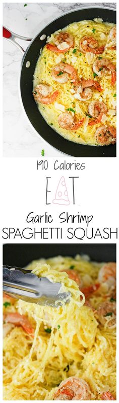 two pictures showing different types of food being cooked in pans with the words, no calories flat garlic shrimp spaghetti and spaghetti it's squash