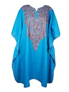 Womens Blue Kaftan Short Dress, Kimono Cotton Embroidered Caftan Dresses L-2X: Experience the beauty of our Womens Blue Kaftan Short Dress. Crafted from soft, breathable cotton, this kimono cotton caftan dress is exquisitely embroidered with elegant floral patterns to create a look that's a perfect blend of traditional style and modern sophistication. Make a statement with this must-have dress today! Feel like a bohemian goddess wearing the handmade, hand embroidered caftans over your bathing su Light Blue Embroidered Kurta For Summer, Light Blue Embroidered Summer Kurta, Embroidered Light Blue Summer Kurta, Summer Light Blue Embroidered Kurta, Light Blue Embroidered Dress For Eid, Turquoise Dresses With Resham Embroidery, Traditional Turquoise Dress With Resham Embroidery, Festive Blue Embroidered Tunic, Traditional Blue Kaftan With Chikankari Embroidery