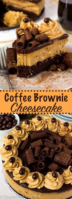 coffee brownie cheesecake on a plate with chocolate chips and caramel swirls