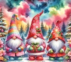 three gnomes with presents in the snow