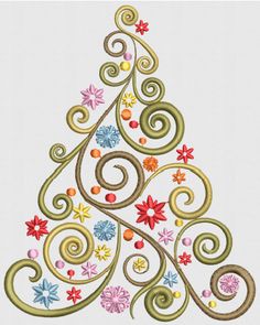 a colorful christmas tree with swirls and stars on the top is shown in this embroidery pattern