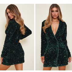 Nwot Emerald Green Premium Velvet Sequin Long Sleeve Blazer Dress Sequins Blazer, Sequin Blazer Dress, Blazer Mini Dress, Sequin Blazer, Green Sequins, Hoco Dresses, Long Sleeve Blazers, Mini Dresses Summer, Blazer Dress