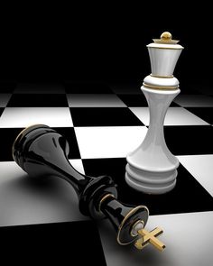 a black and white chess piece on a checkered floor with a golden king's pawn