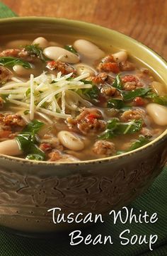 a bowl of white bean soup on a green place mat