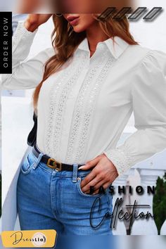 Lady Plain Hollow Button Shirt Classic Solid Color Fall Shirt, Formal Solid Color Shirt For Spring, Casual Collar Spring Office Tops, Single Breasted Button-up Tops For Office, Single-breasted Button-up Top For Office, Casual Collar Tops For Office In Spring, Classic Shirt With Solid Color And Casual Collar, Elegant Single Breasted Button-up Top, Elegant Single-breasted Button-up Top