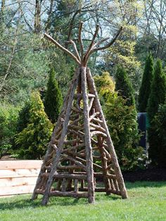 a wooden structure made out of sticks in the grass