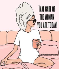 a woman sitting on top of a pink couch holding a cup of coffee in her hand