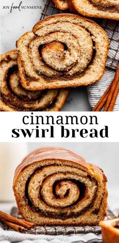 cinnamon swirl bread on a cooling rack with cinnamon sticks