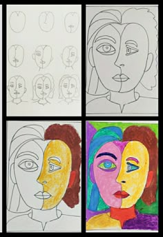 four different faces drawn by children with colored pencils on paper, each one has an individual's face