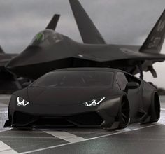 a black sports car sitting on top of an airport runway next to a fighter jet