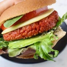 a hand holding a hamburger with lettuce and tomato