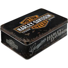 an empty harley davidson tin box on a white background