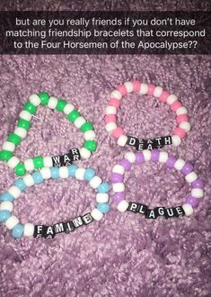 Four Horsemen Of The Apocalypse Friendship Bracelets, The Four Horsemen Of The Apocalypse Bracelets, Four Horsemen Bracelets, Four Horsemen Of The Apocalypse Bracelet, Friend Group Bracelet Ideas, Kandy Bracelets Ideas, Funny Matching Bracelets, Group Bracelets Ideas, Apocalypse Bracelet