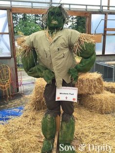 a scarecrow is standing in hay bales