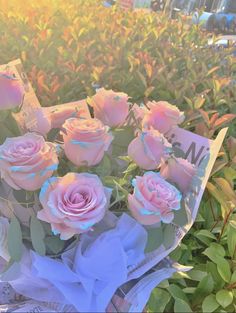 a bouquet of pink roses sitting on top of a newspaper in front of some bushes