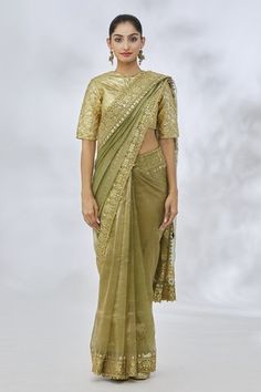 Shop for Itrh Green Silk Tissue Flower Vine Embroidered Saree With Blouse for Women Online at Aza Fashions Flower Vine Embroidery, Vine Embroidery, Gold Saree, Textured Blouse, Tissue Flowers, Embroidered Saree, Green Saree, Pattern Embroidery, Blouse For Women