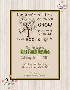 a family reunion announcement with a tree on the front and bottom, which reads like branches of a tree, our lives may grow in different directions