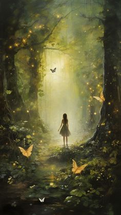 Phone wallpaper, forest, butterflies, magical forest, fairy art, mystical illustration Phone Wallpaper Forest, Forest Fairy Tattoo, Forest Fairy Art, Mystical Illustration, People In Nature, Plant People, Hairstyles For Girls, Forest Girl