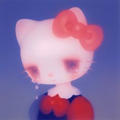 an image of a hello kitty with big red bows on her head and eyes, standing in front of a blue background