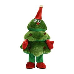 a green stuffed animal with a red hat on it's head and arms in the shape of a christmas tree