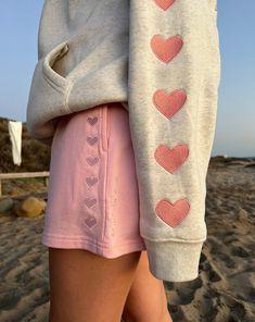 Dandy Worldwide, Pink Tees, Grey Sweat Shorts, Light Pastel Pink, Embroidered Hearts, Pink Sweat, Grey Sweats, Pink Tee